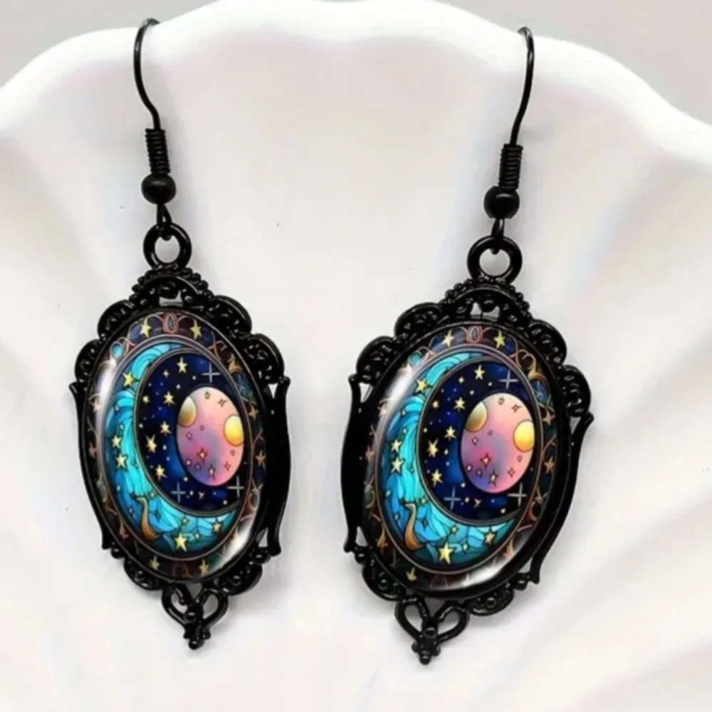 NWT! A Moon Within a Moon Photo In a Detailed Black Frame Pierced Dangle Earring